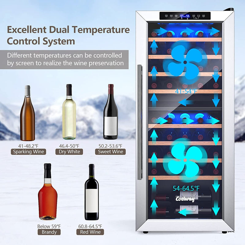 20-Inch Built-In or Freestanding Wine and Beverage Cooler, 43-Bottle Dual Zone Wine Refrigerator with 8 Wooden Shelves