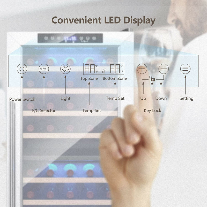 20-Inch Built-In or Freestanding Wine and Beverage Cooler, 43-Bottle Dual Zone Wine Refrigerator with 8 Wooden Shelves
