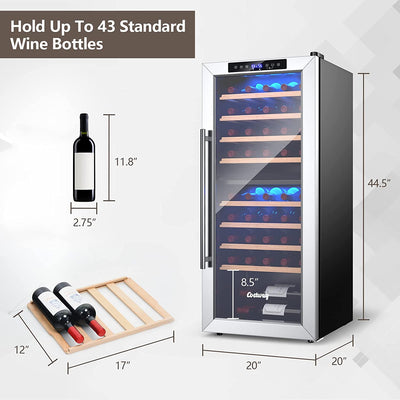 20-Inch Built-In or Freestanding Wine and Beverage Cooler, 43-Bottle Dual Zone Wine Refrigerator with 8 Wooden Shelves
