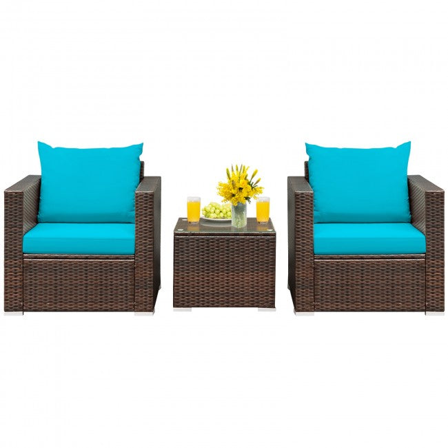 3 Pieces Patio Rattan Furniture Set Conversation Sofa Set with Cushion