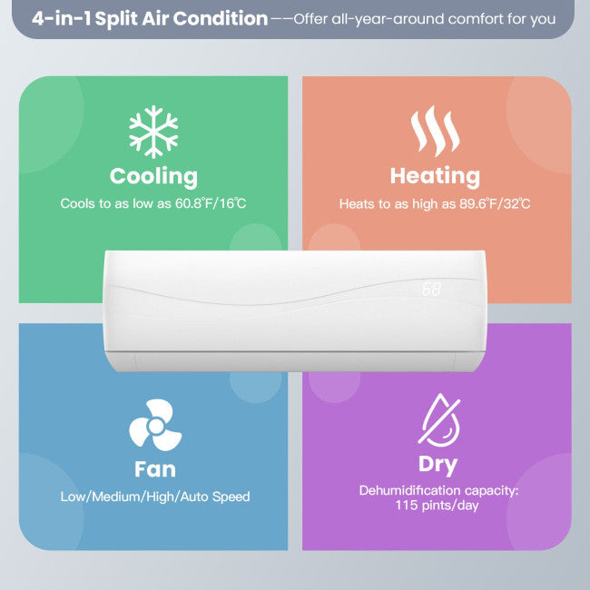 24000BTU Mini Split Air Conditioner and Heater 17 SEER Wall-Mounted Ductless AC Unit with Heat Pump