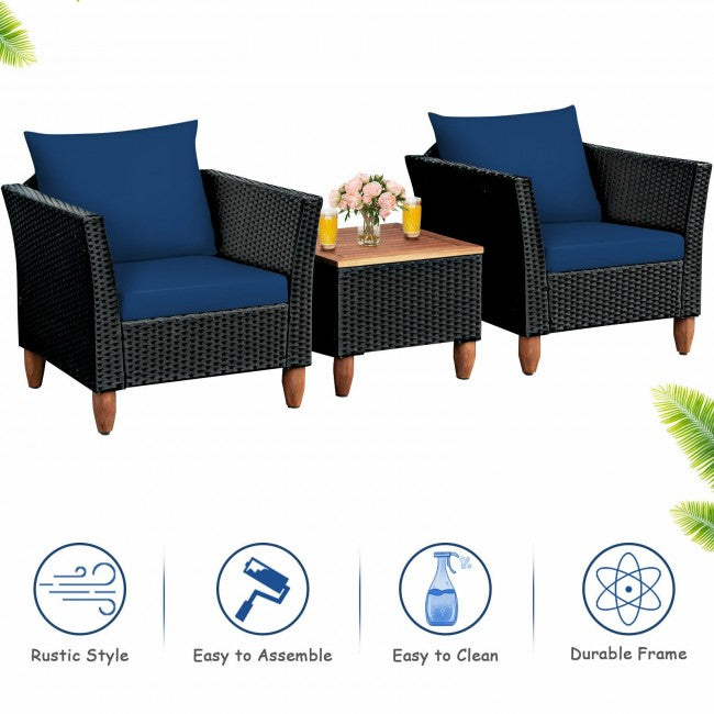 3 Pieces Outdoor Wicker Furniture Set Patio Conversation Sofa Set with Cushion and Table