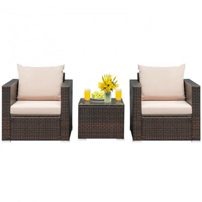 3 Pieces Patio Rattan Furniture Set Conversation Sofa Set with Cushion