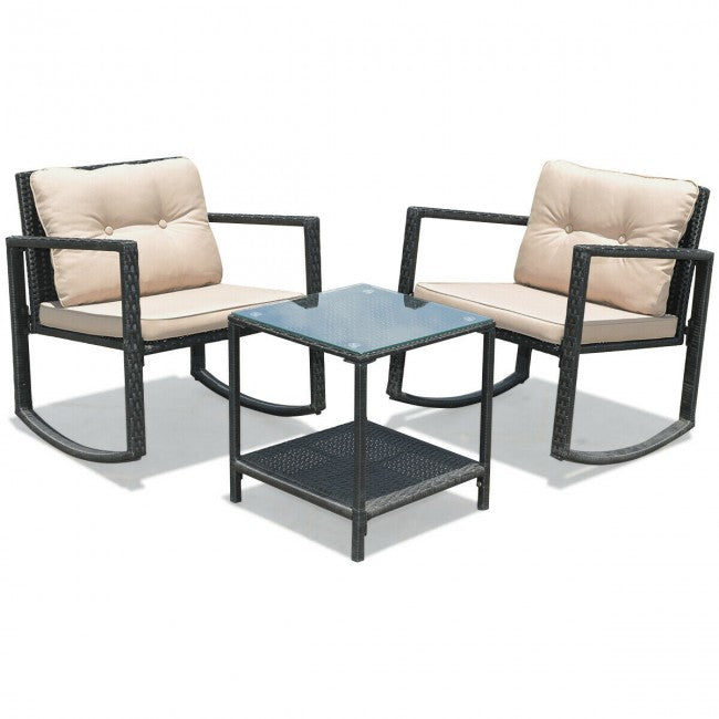 3 Pieces Patio Rocking Chair Outdoor Wicker Conversation Bistro Set  with Coffee Table