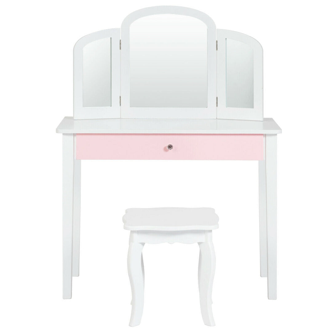Kids Princess Make Up Dressing Table with Tri-folding Mirror and Chair