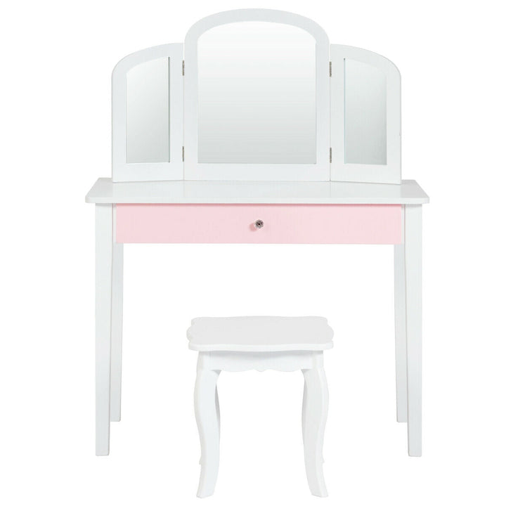 Kids Princess Make Up Dressing Table with Tri-folding Mirror and Chair