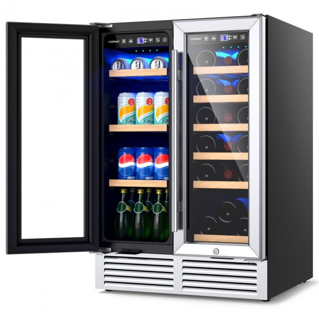 24 Inch Stainless Steel Dual Zone Wine and Beverage Cooler, 2-IN-1 Wine Refrigerator with LED Light