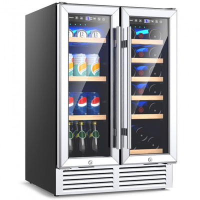 24 Inch Stainless Steel Dual Zone Wine and Beverage Cooler, 2-IN-1 Wine Refrigerator with LED Light