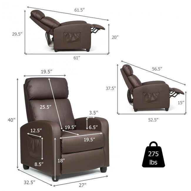 Single Recliner Chair Wingback Chair Home Theater Seating with Massage Function and Side Pocket