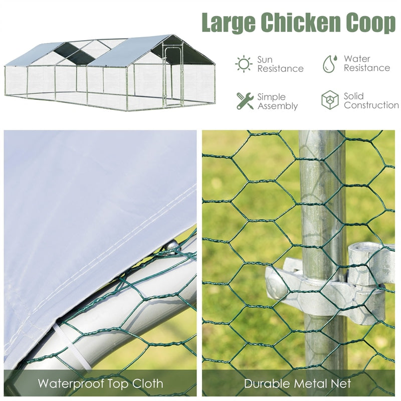 26FT Large Metal Chicken Coop Walk-in Poultry Cage Hen Run House Shade Cage with Waterproof Cover