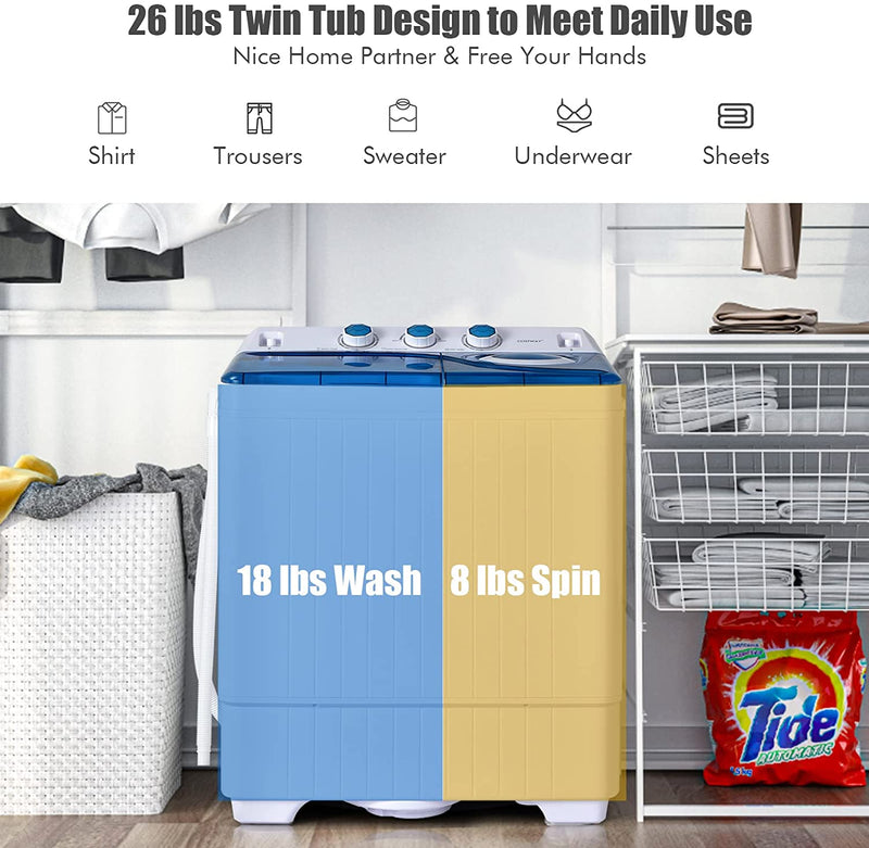26lbs Portable Semi-Automatic Washing Machine 2 in 1 Twin Tub Washer with Timer Function