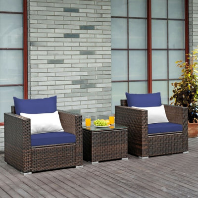 3 Pieces Patio Rattan Furniture Set Conversation Sofa Set with Cushion