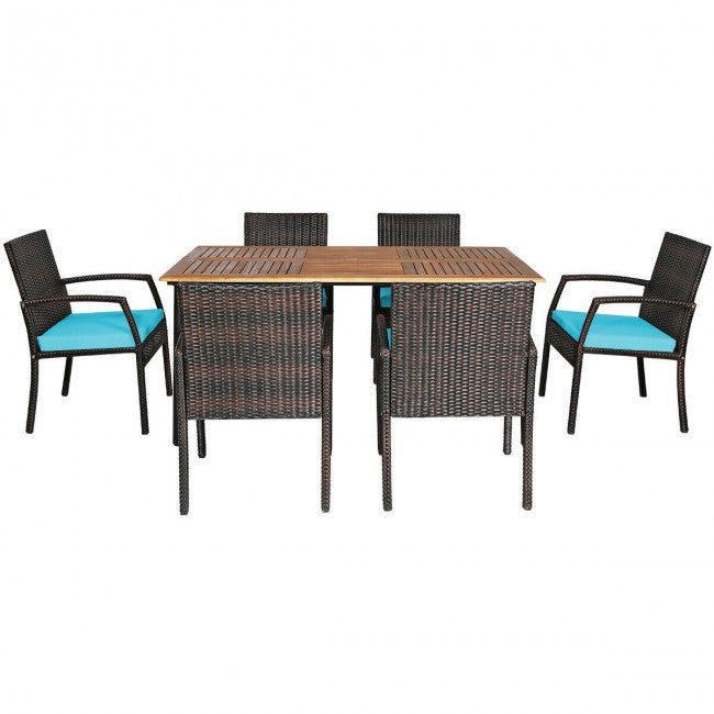 7 Pieces Outdoor Patio Rattan Dining Set Conversation Set with Soft Cushion and Umbrella Hole