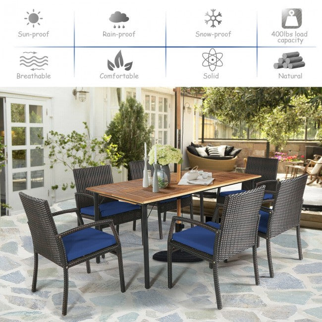 7 Pieces Outdoor Patio Rattan Dining Set Conversation Set with Soft Cushion and Umbrella Hole