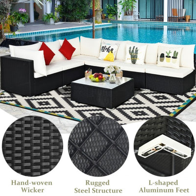 7 Pieces Outdoor Patio Rattan Furniture Set Wicker Sofa Sectional Conversation Set with Cushions and Tempered Glass Tea Table