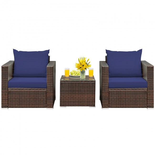 3 Pieces Patio Rattan Furniture Set Conversation Sofa Set with Cushion