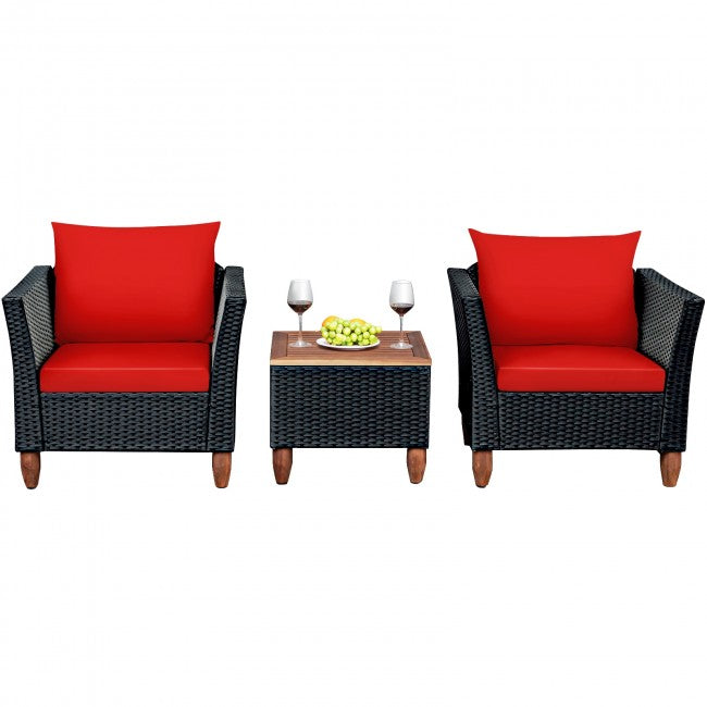 3 Pieces Outdoor Wicker Furniture Set Patio Conversation Sofa Set with Cushion and Table