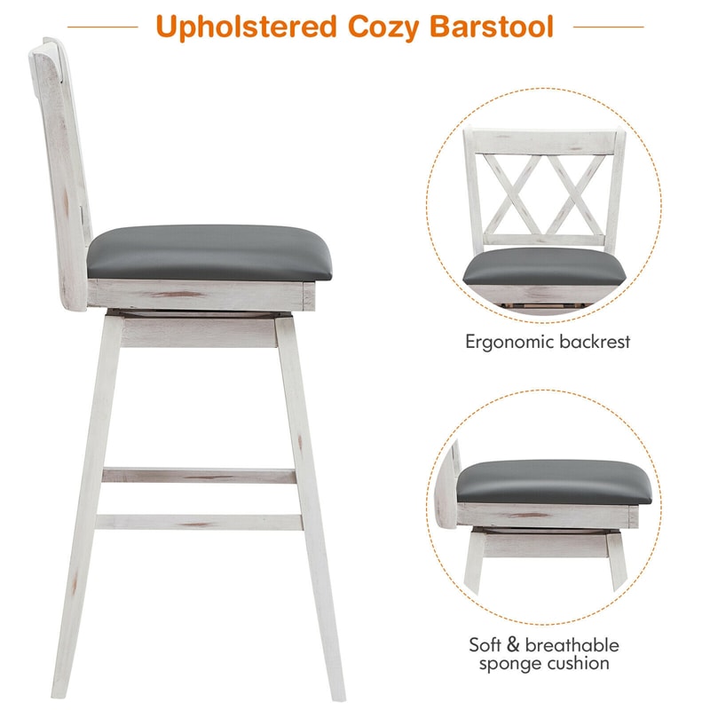 29.5 Inch Set of 2 Bar Stools 360° Swivel Counter Height Bar Stool with Foot Rest Upholstered Cushion and Ergonomic Backrest