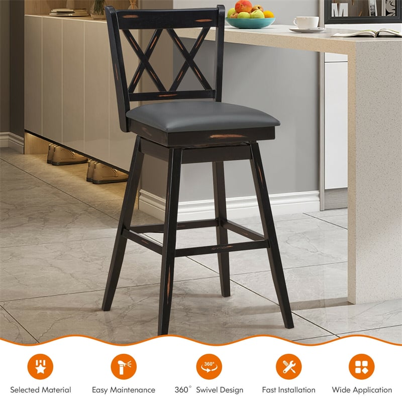 29.5 Inch Set of 2 Bar Stools 360° Swivel Counter Height Bar Stool with Foot Rest Upholstered Cushion and Ergonomic Backrest