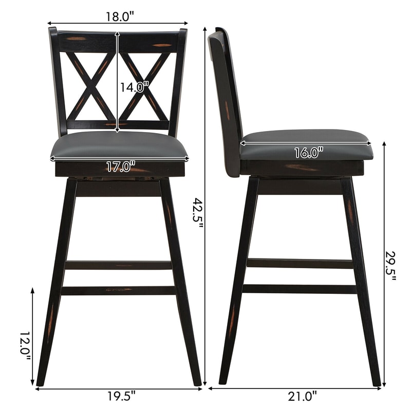29.5 Inch Set of 2 Bar Stools 360° Swivel Counter Height Bar Stool with Foot Rest Upholstered Cushion and Ergonomic Backrest