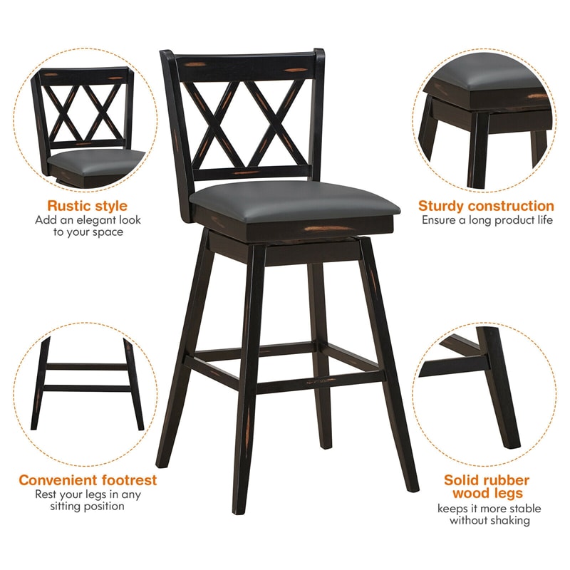 29.5 Inch Set of 2 Bar Stools 360° Swivel Counter Height Bar Stool with Foot Rest Upholstered Cushion and Ergonomic Backrest