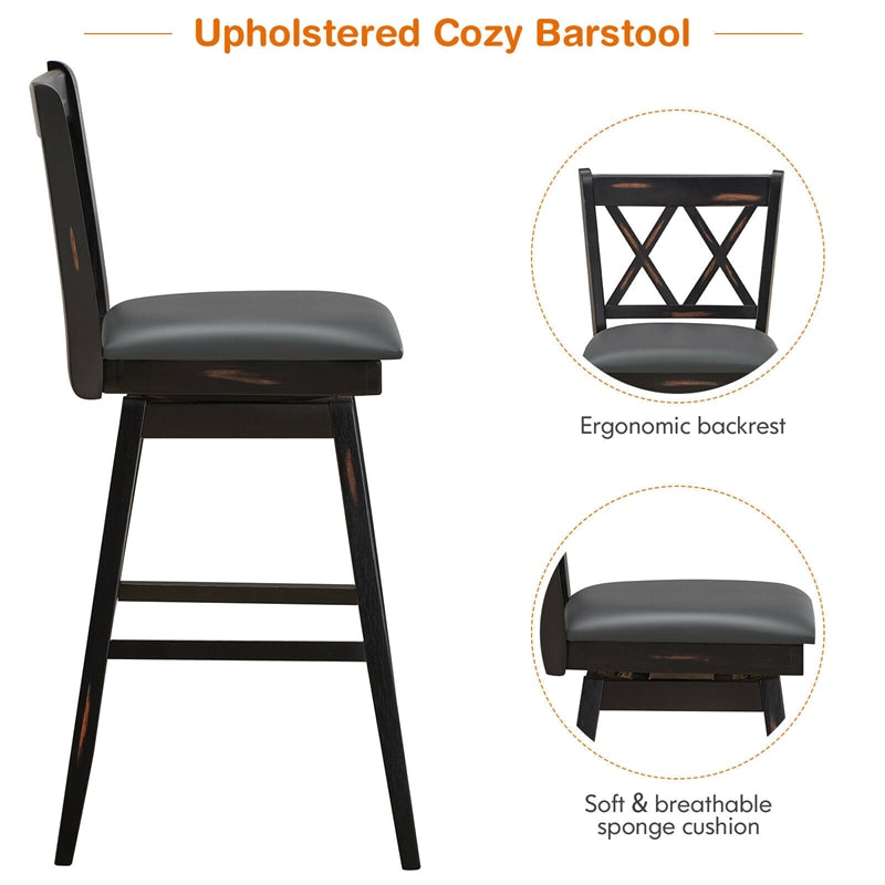 29.5 Inch Set of 2 Bar Stools 360° Swivel Counter Height Bar Stool with Foot Rest Upholstered Cushion and Ergonomic Backrest