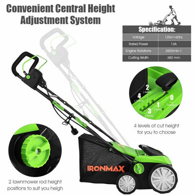 13 Amp 15" Electric Lawn Mower Corded Scarifier With 50L Collection Bag
