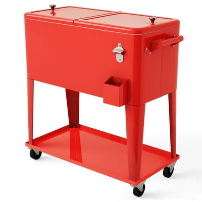 Outdoor 80 Quart Rolling Cooler Cart Patio Beverage Bar Trolley Ice Chest with Bottle Opener for Cookouts Party BBQ