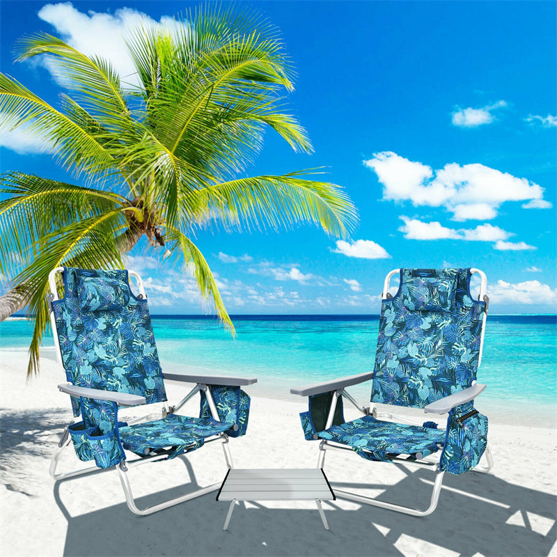 2 Packs 5 Position Outdoor Folding Backpack Beach Table Chair Reclining Chair Set Navy Costway
