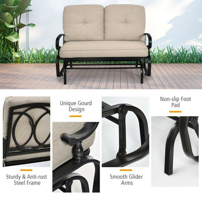 2-Person Outdoor Glider Loveseat with Padded Cushions and Armrests for Patio Porch
