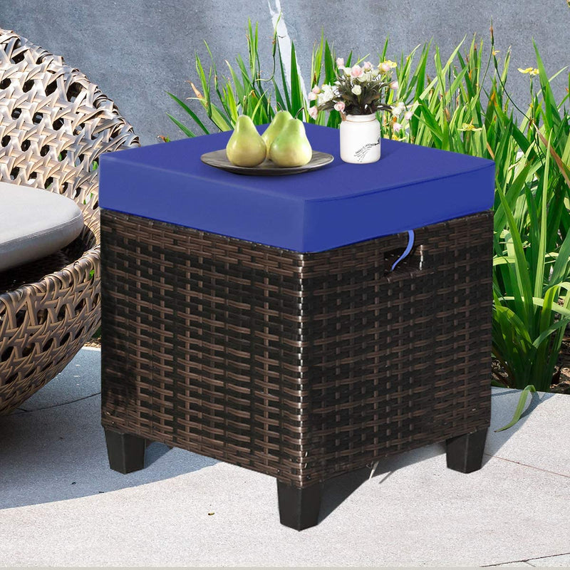 2 Pieces Outdoor Patio Rattan Ottoman All Weather Wicker Footstool Footrest Seat With Removable Cushions