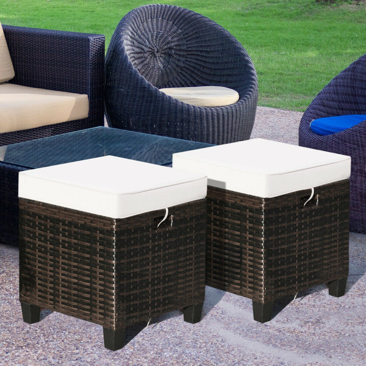 All Weather Rattan Wicker Ottoman Seat, Patio Rattan Furniture, Outdoor Footstool Footrest Seat W/Removable Cushions (Beige