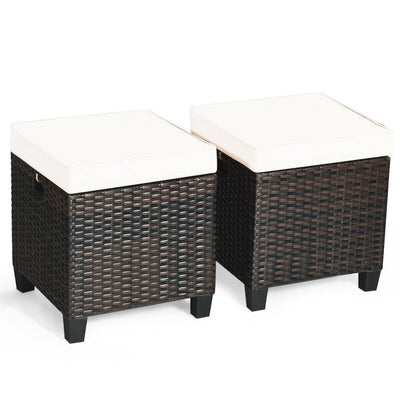 2 Pieces Outdoor Patio Rattan Ottoman All Weather Wicker Footstool Footrest Seat With Removable Cushions