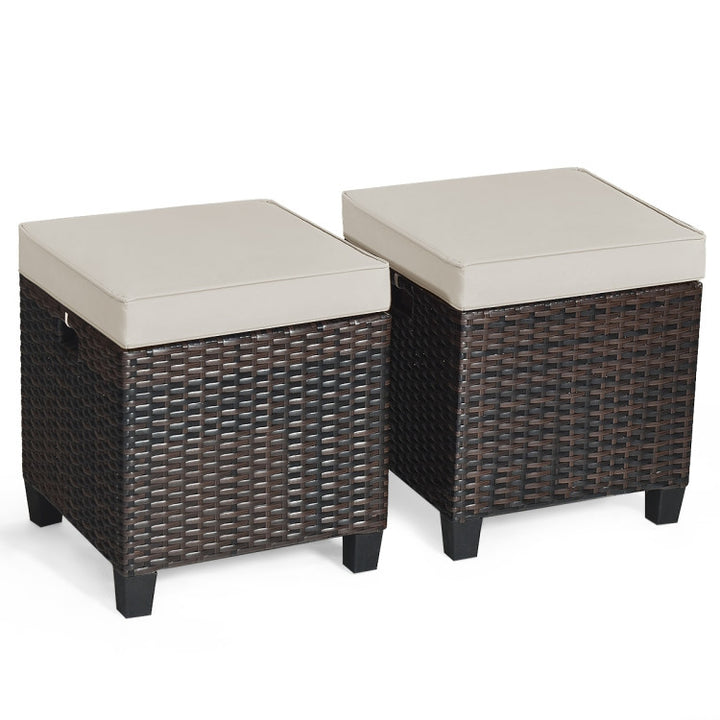 2 Pieces Outdoor Patio Rattan Ottoman All Weather Wicker Footstool Footrest Seat With Removable Cushions