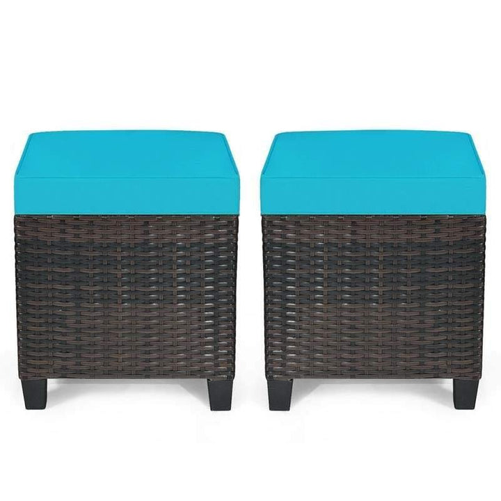 2 Pieces Outdoor Patio Rattan Ottoman All Weather Wicker Footstool Footrest Seat With Removable Cushions