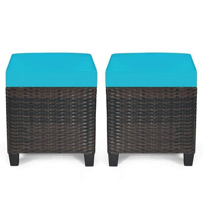 2 Pieces Outdoor Patio Rattan Ottoman All Weather Wicker Footstool Footrest Seat With Removable Cushions