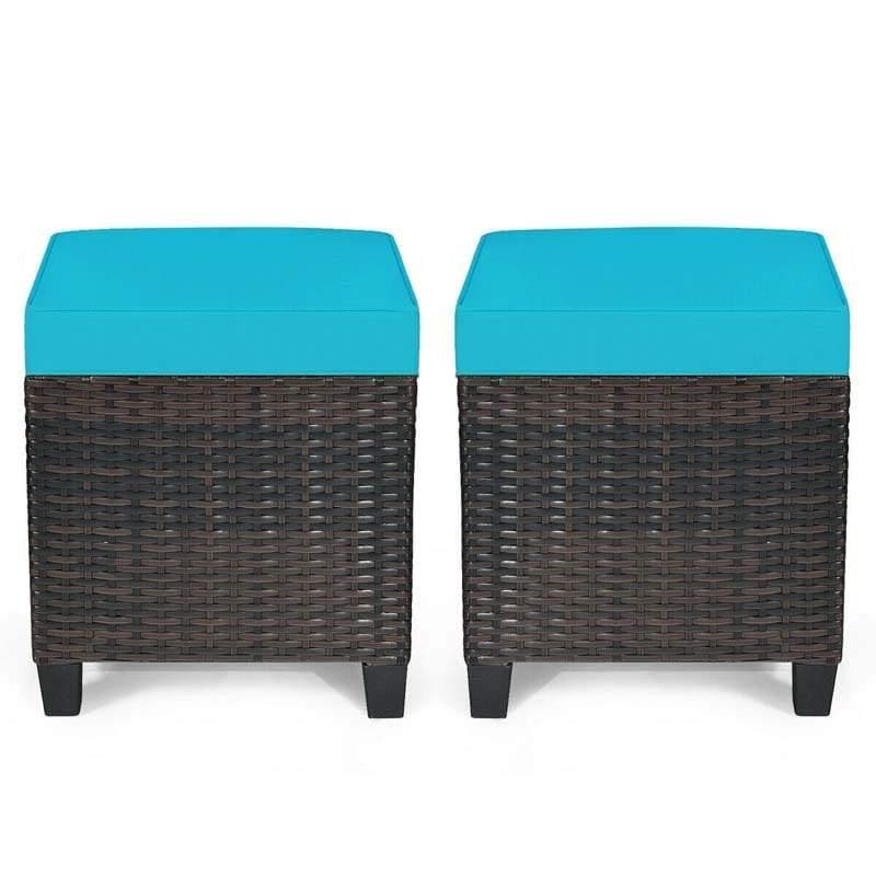 2 Pieces Outdoor Patio Rattan Ottoman All Weather Wicker Footstool Footrest Seat With Removable Cushions