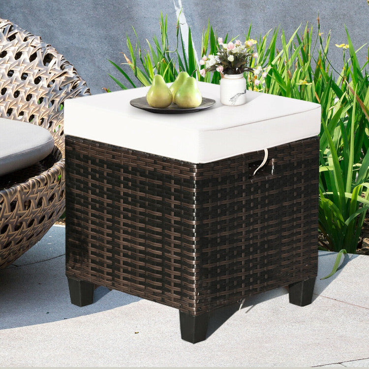 2 Pieces Outdoor Patio Rattan Ottoman All Weather Wicker Footstool Footrest Seat With Removable Cushions