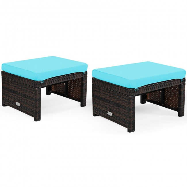 2 Pieces Patio Rattan Ottomans Outdoor Wicker All Weather Footstool Footrest Seat with Soft Cushion
