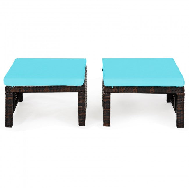 2 Pieces Patio Rattan Ottomans Outdoor Wicker All Weather Footstool Footrest Seat with Soft Cushion