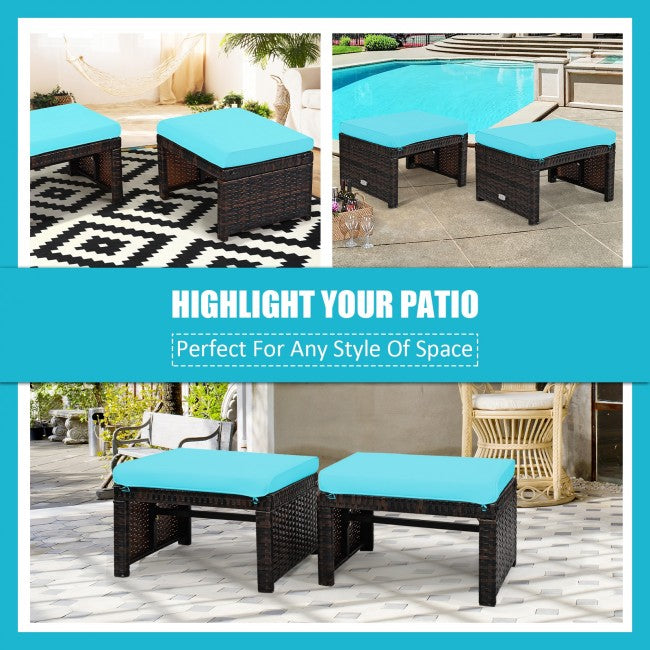 2 Pieces Patio Rattan Ottomans Outdoor Wicker All Weather Footstool Footrest Seat with Soft Cushion