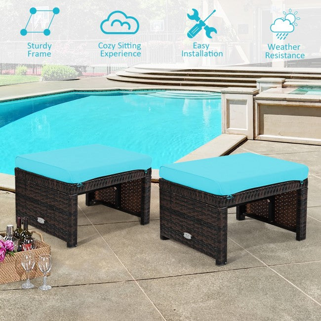 2 Pieces Patio Rattan Ottomans Outdoor Wicker All Weather Footstool Footrest Seat with Soft Cushion