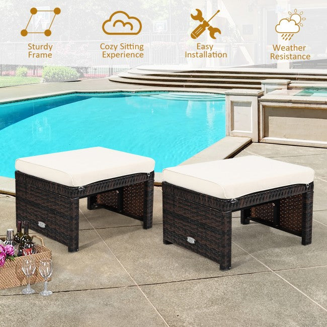 2 Pieces Patio Rattan Ottomans Outdoor Wicker All Weather Footstool Footrest Seat with Soft Cushion