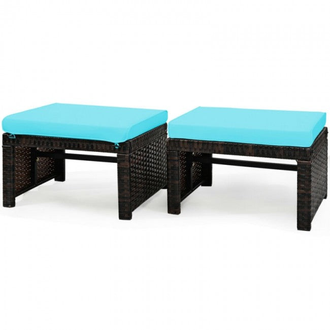 2 Pieces Patio Rattan Ottomans Outdoor Wicker All Weather Footstool Footrest Seat with Soft Cushion