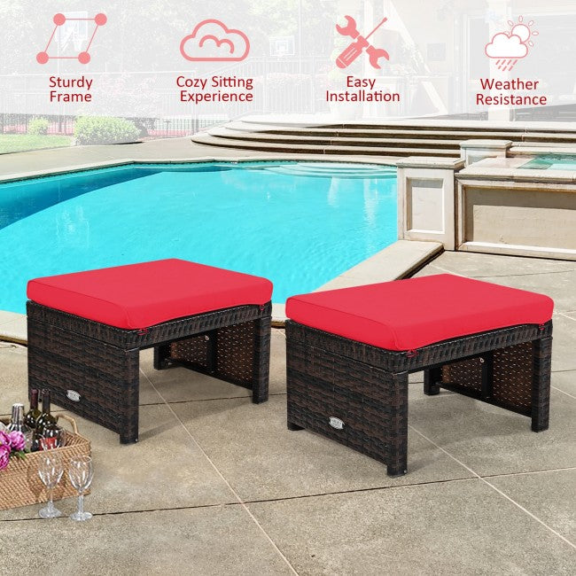 2 Pieces Patio Rattan Ottomans Outdoor Wicker All Weather Footstool Footrest Seat with Soft Cushion