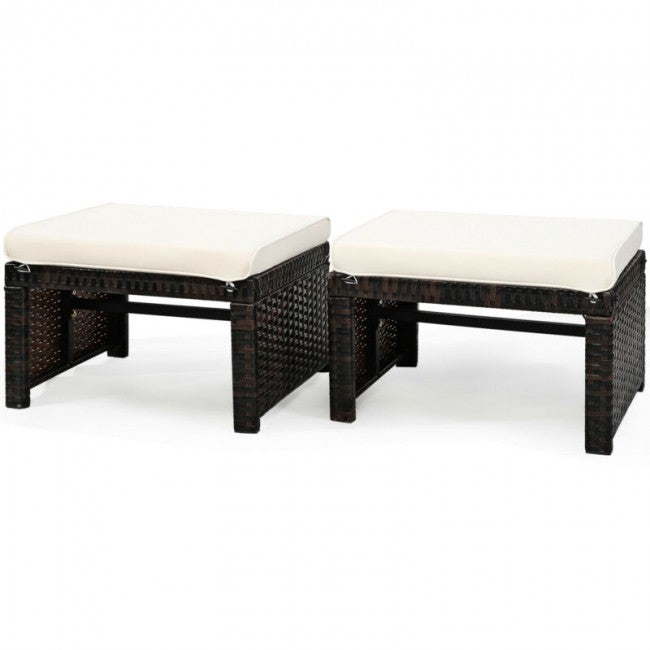 2 Pieces Patio Rattan Ottomans Outdoor Wicker All Weather Footstool Footrest Seat with Soft Cushion