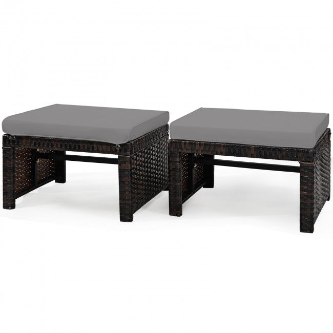 2 Pieces Patio Rattan Ottomans Outdoor Wicker All Weather Footstool Footrest Seat with Soft Cushion