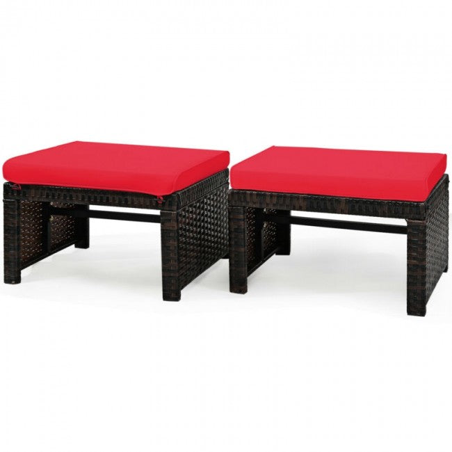 2 Pieces Patio Rattan Ottomans Outdoor Wicker All Weather Footstool Footrest Seat with Soft Cushion