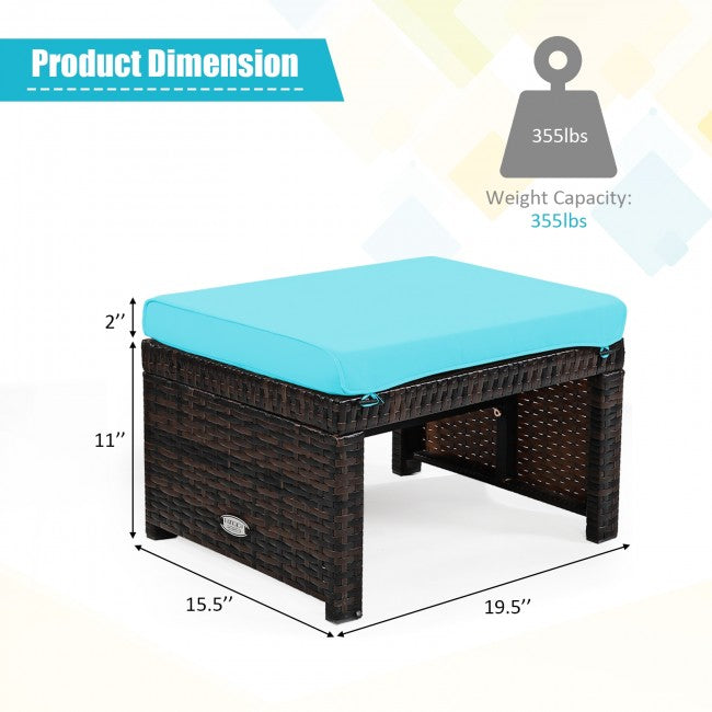 2 Pieces Patio Rattan Ottomans Outdoor Wicker All Weather Footstool Footrest Seat with Soft Cushion