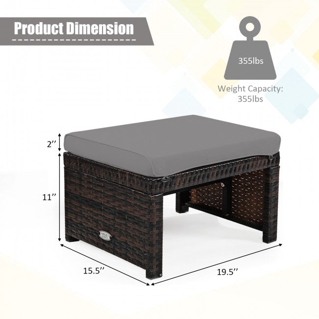 2 Pieces Patio Rattan Ottomans Outdoor Wicker All Weather Footstool Footrest Seat with Soft Cushion